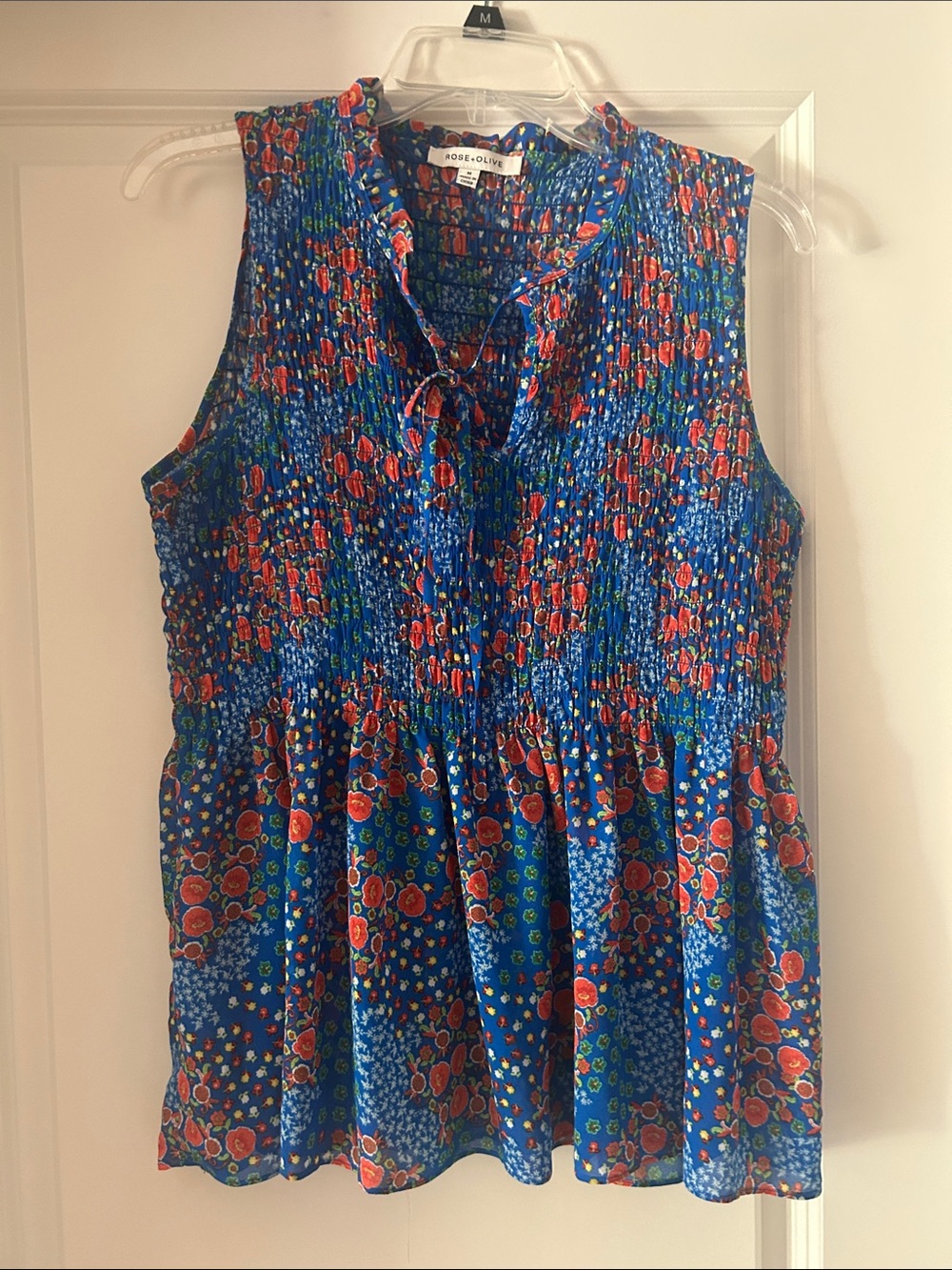 Rose & Olive Blue Floral Smocked Peplum Top Medium